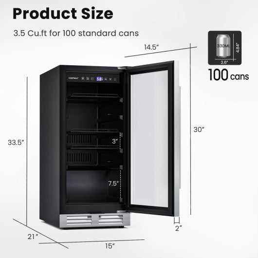 15 Inch 100 Can Built-in Freestanding Beverage Cooler Refrigerator with Adjustable Temperature and Shelf-Silver For Cheap