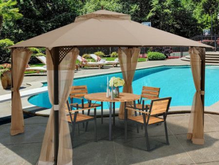 12 x 10 Feet Outdoor Double Top Patio Gazebo with Netting-Brown Hot on Sale