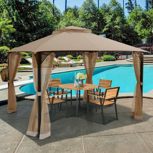 12 x 10 Feet Outdoor Double Top Patio Gazebo with Netting-Brown Hot on Sale