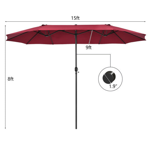 15 Feet Patio Double-Sided Umbrella with Hand-Crank System-Dark Red Cheap