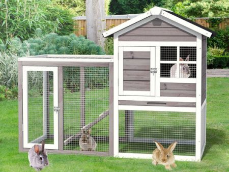 2-Story Wooden Rabbit Hutch with Running Area-Gray Cheap