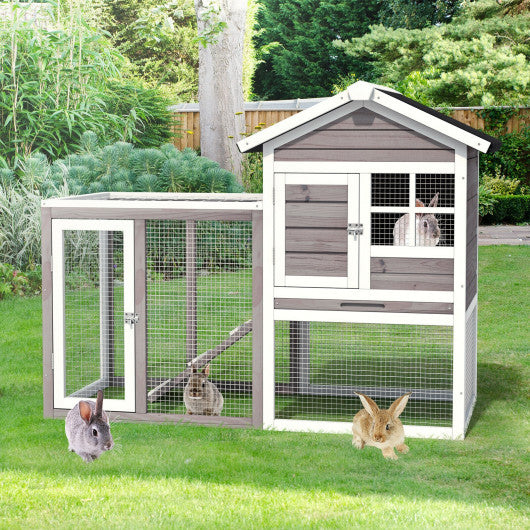 2-Story Wooden Rabbit Hutch with Running Area-Gray Cheap