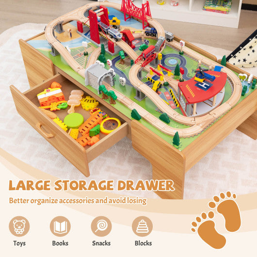 Kids Double-Sided Wooden Train Table Playset with Storage Drawer Sale