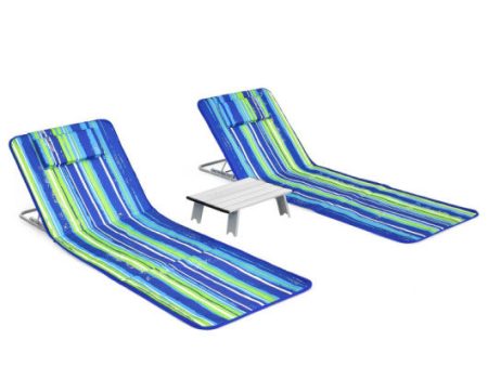 3 Pieces Beach Lounge Chair Mat Set 2 Adjustable Lounge Chairs with Table Stripe-Stripe Online now