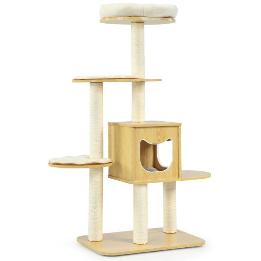 4 Levels Modern Wood Cat Tower with Washable Mats-Walnut For Discount