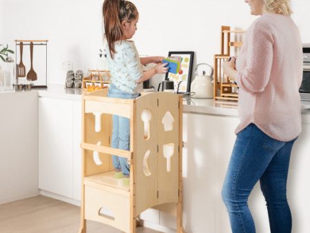 Folding Wooden Step Stool with Lockable Safety Rail for Toddler 3+-Natural For Discount