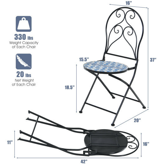 2 Pieces Patio Folding Mosaic Bistro Chairs with Blue Floral Pattern Discount