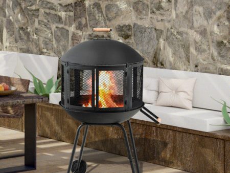 28 Inch Portable Fire Pit on Wheels with Log Grate-Black Supply