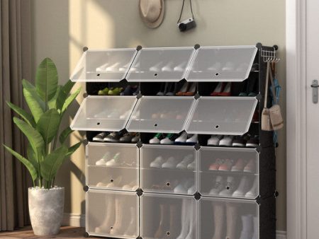 12-Cube 48 Pairs Portable Shoe Shelves with Hook-Black on Sale