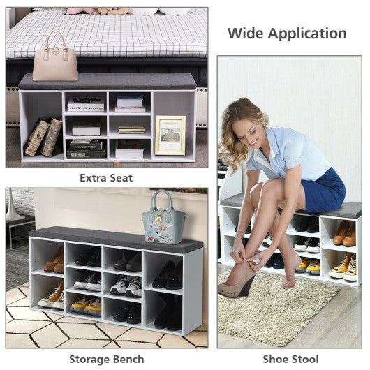 10-Cube Organizer Shoe Storage Bench with Cushion for Entryway-White Discount