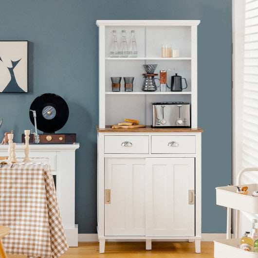 Freestanding Kitchen Pantry with Hutch Sliding Door and Drawer-White Discount