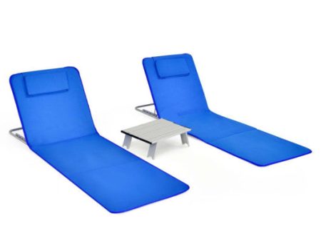 3 Pieces Beach Lounge Chair Mat Set 2 Adjustable Lounge Chairs with Table Stripe-Blue Online