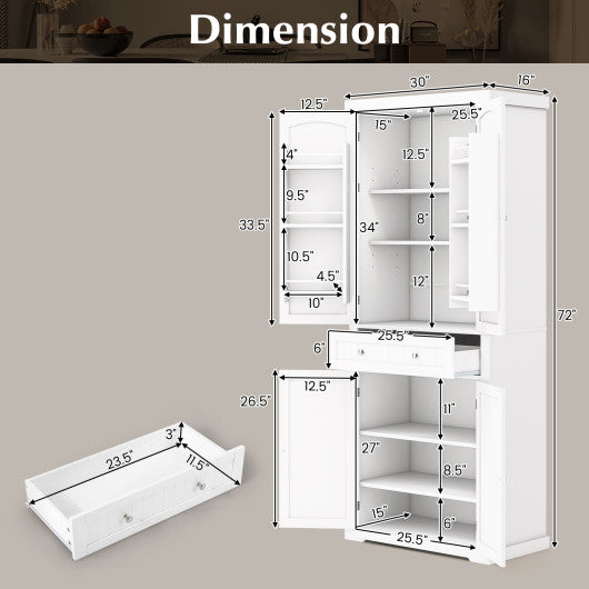 72 Inch Freestanding Kitchen Pantry Cabinet 4 Doors Storage Cupboard Shelves Drawer-White Online Sale