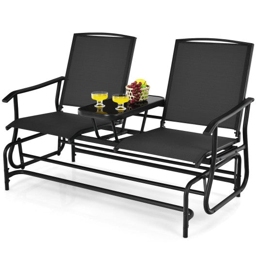 2-Person Double Rocking Loveseat with Mesh Fabric and Center Tempered Glass Table-Black Online now