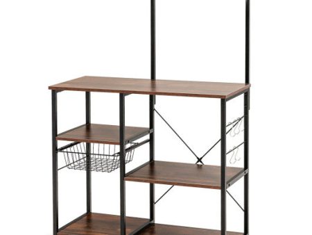 4-tier Kitchen Baker s Rack with Basket and 5 Hooks-Dark Brown For Discount