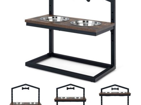 5 Heights Elevated Pet Feeder with 2 Detachable Stainless Steel Bowl-Brown Hot on Sale