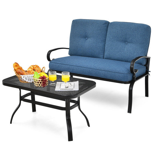 2 Pieces Patio Loveseat Bench Table Furniture Set with Cushioned Chair-Blue Sale