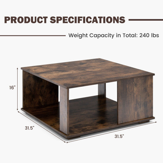 2 Tiers Square Coffee Table with Storage and Non-Slip Foot Pads-Rustic Brown on Sale