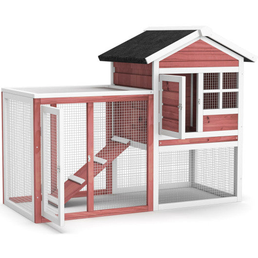 2-Story Wooden Rabbit Hutch with Running Area-White For Discount