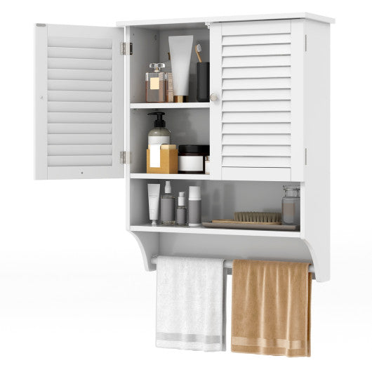 2-Doors Bathroom Wall-Mounted Medicine Cabinet with Towel Bar-White For Sale