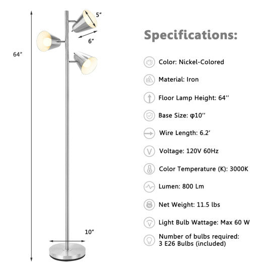 64 Inch 3-Light LED Floor Lamp Reading Light for Living Room Bedroom-Silver Discount