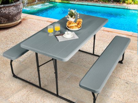 Indoor and Outdoor Folding Picnic Table Bench Set with Wood-like Texture-Gray Hot on Sale