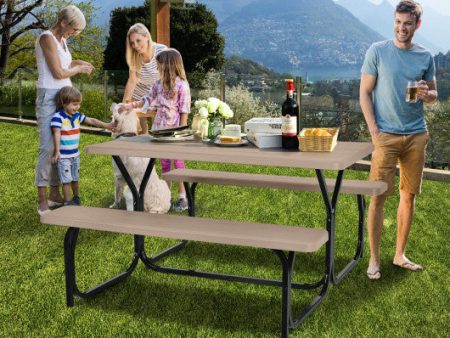 HDPE Outdoor Picnic Table Bench Set with Metal Base-Coffee Cheap