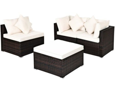 4 Pcs Ottoman Garden Deck Patio Rattan Wicker Furniture Set Cushioned Sofa-White For Cheap