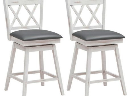 2 Pieces 24 Inch Swivel Counter Height Barstool Set with Rubber Wood Legs-White Online now