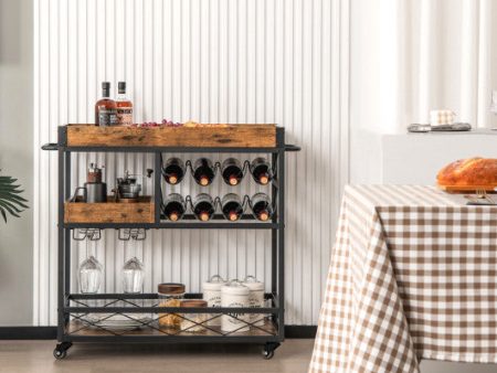 3-Tier Rolling Bar Cart with Removable Tray and Wine Rack-Rustic Brown Fashion