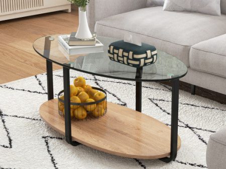 2-Tier Glass-Top Oval Coffee Table with Wooden Shelf for Living Room Online Hot Sale