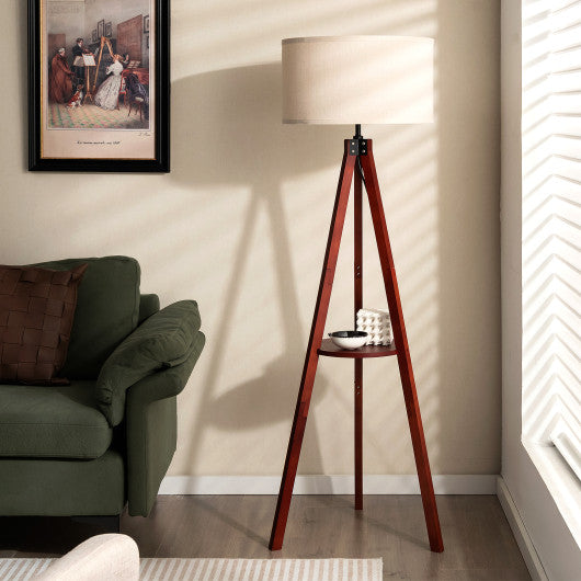 Tripod Floor Lamp Wood Standing Lamp with Flaxen Lamp Shade and E26 Lamp Base-Brown Cheap