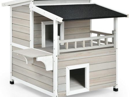 2-Story Wooden Patio Luxurious Cat Shelter House Condo with Large Balcony For Discount