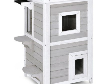 2-Story Wooden Cat House with Escape Door Rainproof Online Sale