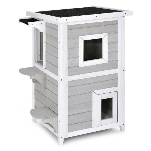 2-Story Wooden Cat House with Escape Door Rainproof Online Sale