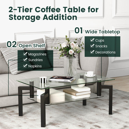 2-Tier Rectangular Glass Coffee Table with Metal Tube Legs-Black Sale