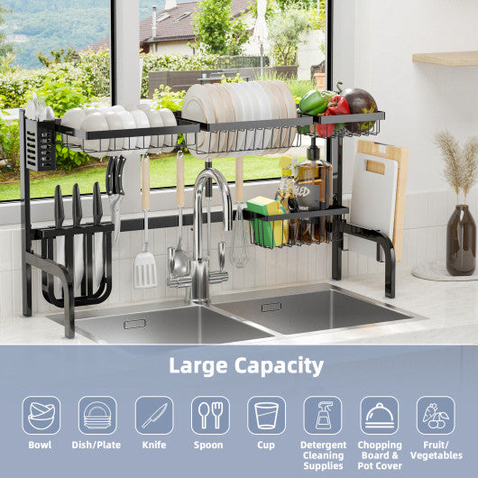 2 Tier Adjustable Over Sink Dish Drying Rack with 8 Hooks on Sale