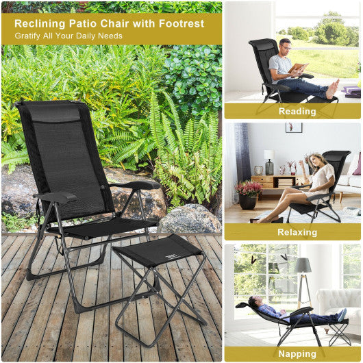 4 Pieces Patio Adjustable Back Folding Dining Chair Ottoman Set-Black Cheap