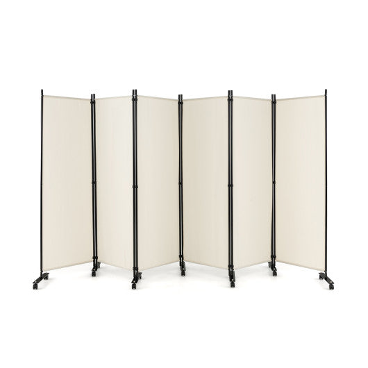 6 Panel 5.7 Feet Tall Rolling Room Divider on Wheels-White For Discount