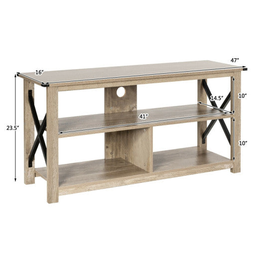 3 Tier Wood TV Stand for 55-Inch with Open Shelves and X-Shaped Frame-Gray For Discount