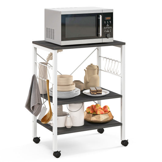 3-Tier Kitchen Baker s Rack Microwave Oven Storage Cart with Hooks-Deep Brown Fashion