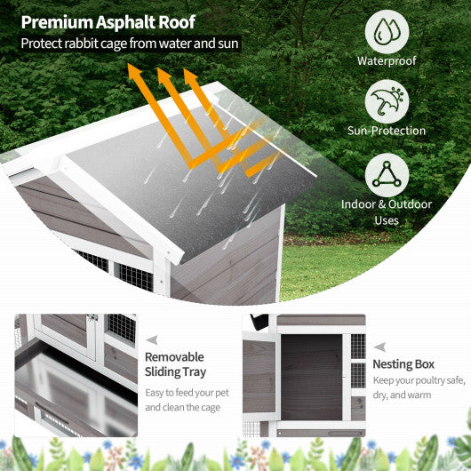 2-Story Wooden Rabbit Hutch with Running Area-Gray Cheap