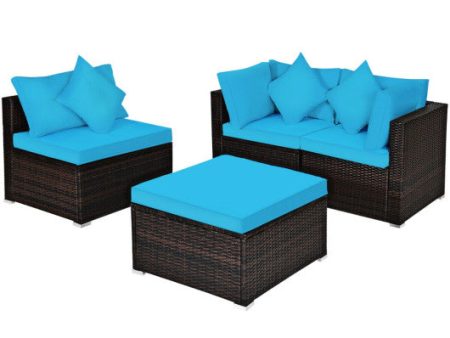 4 Pcs Ottoman Garden Deck Patio Rattan Wicker Furniture Set Cushioned Sofa-Turquoise Fashion