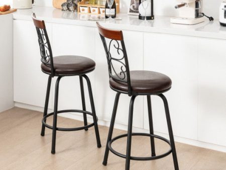 2 Pieces 24-30 Inch Adjustable PU Cushioned Swivel Barstools-Brown For Sale