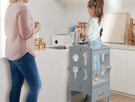 Folding Wooden Step Stool with Lockable Safety Rail for Toddler 3+-Gray Cheap