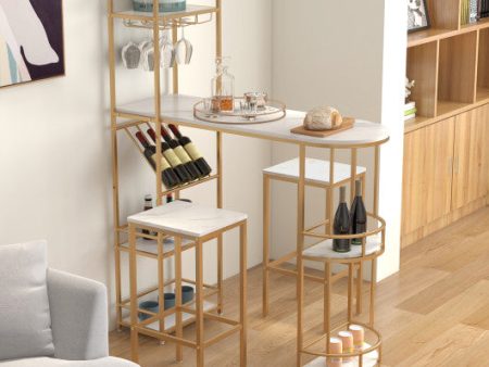 3 Pieces Bar Table Set with Storage Shelves and Wine Rack-Golden For Discount