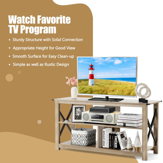 3 Tier Wood TV Stand for 55-Inch with Open Shelves and X-Shaped Frame-Gray For Discount