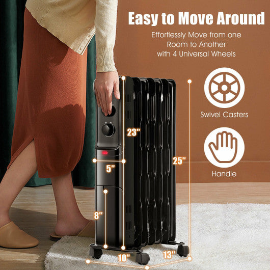 1500W Oil Filled Portable Radiator Space Heater with Adjustable Thermostat-Black For Discount