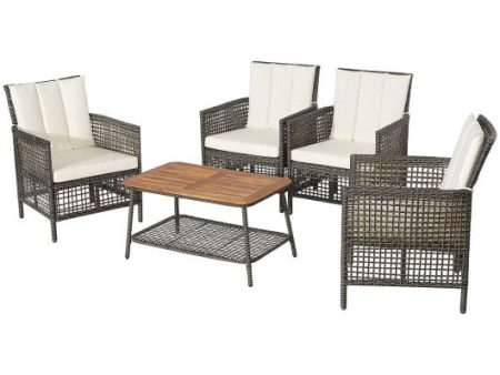 5 Pieces Patio Rattan Furniture Set Cushioned Sofa Armrest Wooden Tabletop-Off White For Cheap