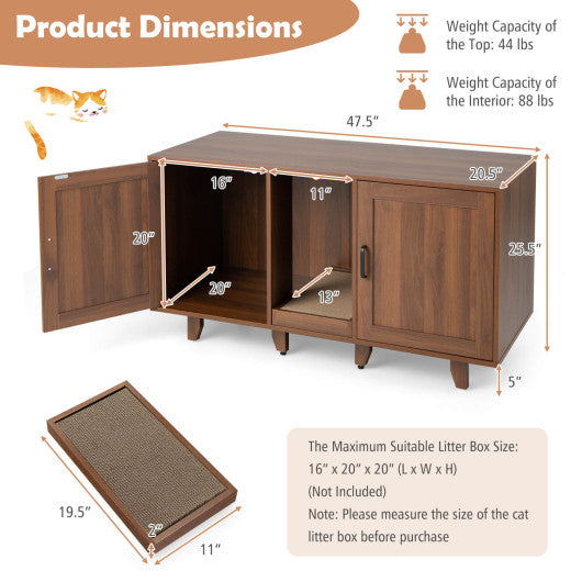 2-Door Cat Litter Box Enclosure with Winding Entry and Scratching Board-Brown For Cheap